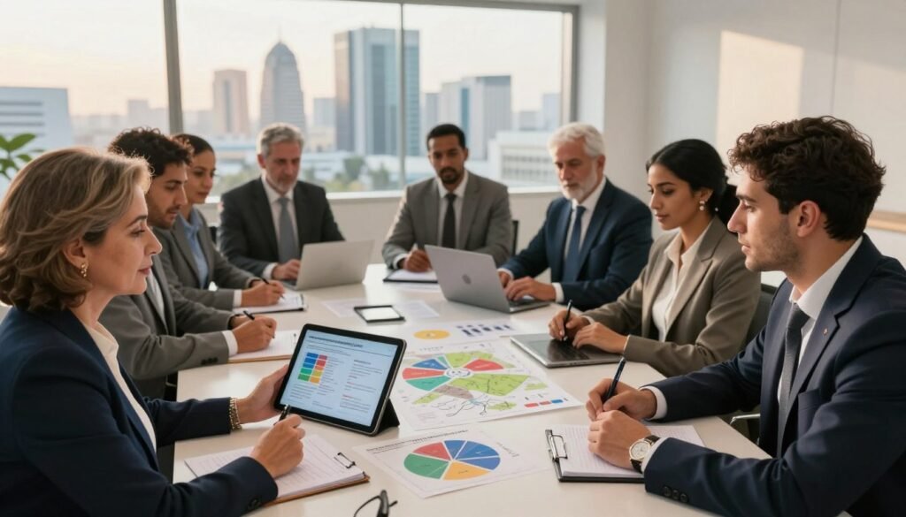 A dynamic scene depicting a diverse group of professionals engaged in a collaborative meeting focused on national governance initiatives. In the foreground, a middle-aged Moroccan woman in business attire elegantly presents data on a digital tablet, while a young man attentively listens, taking notes. In the middle ground, a large conference table is adorned with charts and maps illustrating developmental goals, surrounded by participants of various ages and backgrounds, all dressed in formal business attire. The background features a large window with a view of a modern city skyline during the golden hour, casting warm, inviting light across the room. The atmosphere is one of focus and innovation, embodying the spirit of collaboration and development in Morocco. A dynamic scene depicting a diverse group of professionals engaged in a collaborative meeting focused on national governance initiatives. In the foreground, a middle-aged Moroccan woman in business attire elegantly presents data on a digital tablet, while a young man attentively listens, taking notes. In the middle ground, a large conference table is adorned with charts and maps illustrating developmental goals, surrounded by participants of various ages and backgrounds, all dressed in formal business attire. The background features a large window with a view of a modern city skyline during the golden hour, casting warm, inviting light across the room. The atmosphere is one of focus and innovation, embodying the spirit of collaboration and development in Morocco.