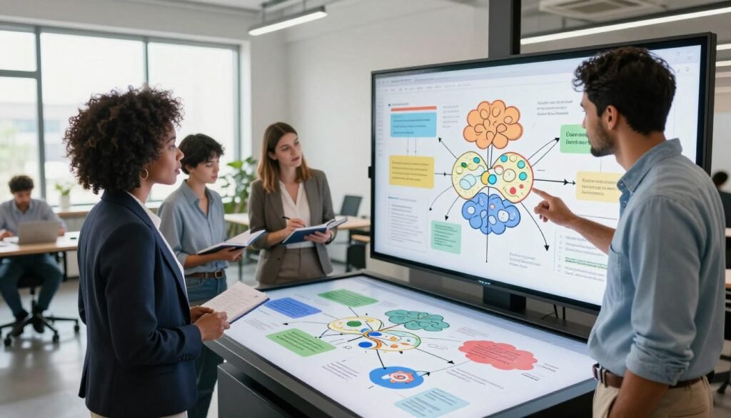 A dynamic scene depicting a diverse team of professionals collaborating around a large digital touchscreen displaying colorful mind maps and visual diagrams. In the foreground, two professionals, a Black woman in smart business attire and a Hispanic man in a casual button-up shirt, examine the data intently. In the middle ground, a Caucasian woman takes notes while a South Asian man gestures towards the screen, illustrating their ideas. The background features a modern, bright office with large windows letting in natural light, creating an open and inviting atmosphere. The image should capture a sense of teamwork and creativity, emphasizing the shared visual experience that enhances productivity and idea organization. Use a wide-angle perspective to encompass the team's interaction and the vibrant visuals on the screen. A dynamic scene depicting a diverse team of professionals collaborating around a large digital touchscreen displaying colorful mind maps and visual diagrams. In the foreground, two professionals, a Black woman in smart business attire and a Hispanic man in a casual button-up shirt, examine the data intently. In the middle ground, a Caucasian woman takes notes while a South Asian man gestures towards the screen, illustrating their ideas. The background features a modern, bright office with large windows letting in natural light, creating an open and inviting atmosphere. The image should capture a sense of teamwork and creativity, emphasizing the shared visual experience that enhances productivity and idea organization. Use a wide-angle perspective to encompass the team's interaction and the vibrant visuals on the screen.