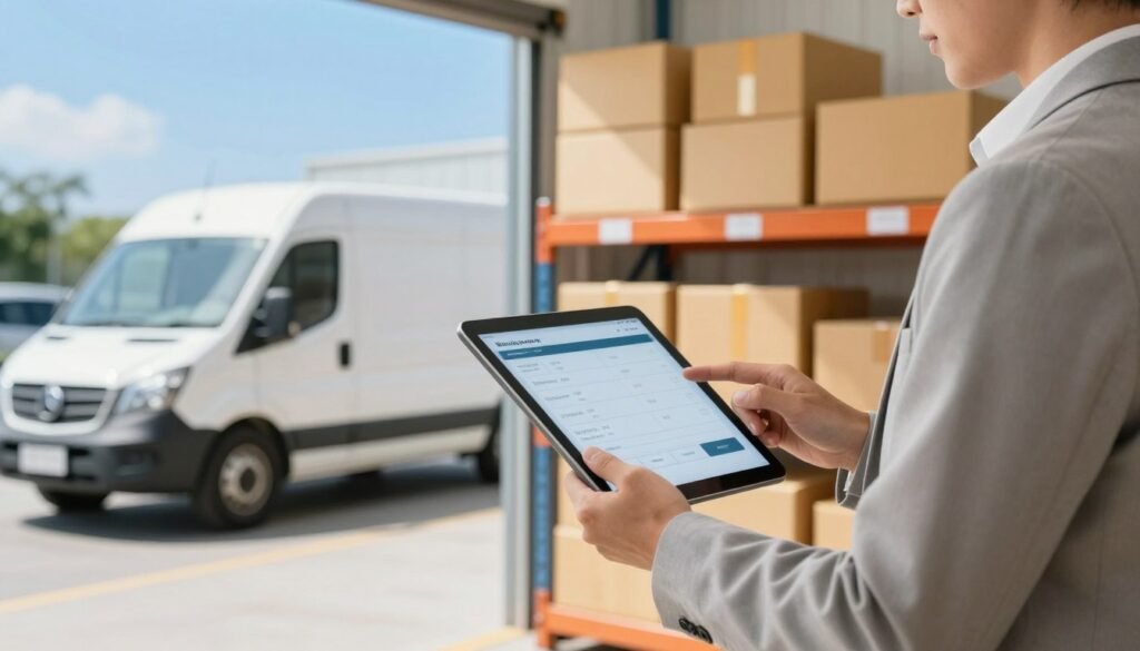 A dynamic scene depicting a professional delivery process focusing on express dropshipping. In the foreground, a well-dressed businessperson in smart casual attire is reviewing a digital tablet, displaying shipment details. In the middle ground, a warehouse environment with neatly organized packages on shelves, and a modern delivery vehicle parked outside, ready for pickup. In the background, a bright blue sky enhances a sense of efficiency, while the interior features soft, natural lighting that creates a vibrant atmosphere. The focus is on a seamless flow of logistics, showcasing the speed and reliability of delivery services, emphasizing the advantages of a streamlined dropshipping system. The overall mood is energetic and professional, suitable for a business context. A dynamic scene depicting a professional delivery process focusing on express dropshipping. In the foreground, a well-dressed businessperson in smart casual attire is reviewing a digital tablet, displaying shipment details. In the middle ground, a warehouse environment with neatly organized packages on shelves, and a modern delivery vehicle parked outside, ready for pickup. In the background, a bright blue sky enhances a sense of efficiency, while the interior features soft, natural lighting that creates a vibrant atmosphere. The focus is on a seamless flow of logistics, showcasing the speed and reliability of delivery services, emphasizing the advantages of a streamlined dropshipping system. The overall mood is energetic and professional, suitable for a business context.