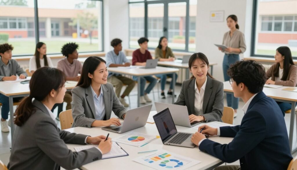 A dynamic scene depicting a strategic education partnership in action. In the foreground, a diverse group of three professionals in business attire, engaged in a collaborative discussion around a large table covered with educational materials, charts, and laptops. The middle layer features a modern classroom setup, with students of various backgrounds attentively participating in a lesson led by a teacher in casual yet professional clothing. In the background, large windows let in natural light, illuminating the space and providing a view of a vibrant schoolyard. The atmosphere is optimistic and encouraging, emphasizing creativity and teamwork in education. The image should have a soft focus, with warm lighting to enhance the collaborative spirit. A dynamic scene depicting a strategic education partnership in action. In the foreground, a diverse group of three professionals in business attire, engaged in a collaborative discussion around a large table covered with educational materials, charts, and laptops. The middle layer features a modern classroom setup, with students of various backgrounds attentively participating in a lesson led by a teacher in casual yet professional clothing. In the background, large windows let in natural light, illuminating the space and providing a view of a vibrant schoolyard. The atmosphere is optimistic and encouraging, emphasizing creativity and teamwork in education. The image should have a soft focus, with warm lighting to enhance the collaborative spirit.