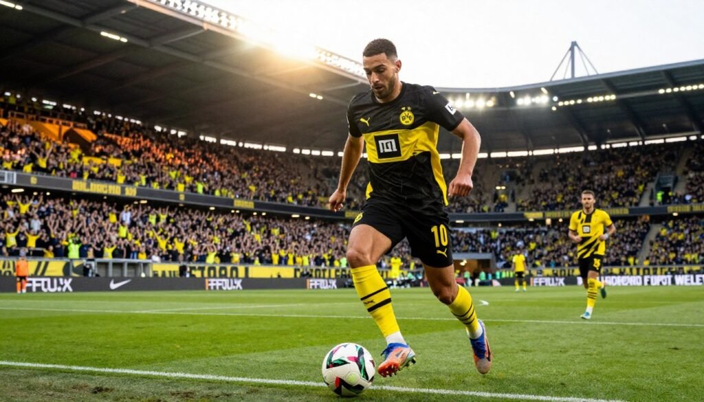 A dynamic scene featuring Achraf Hakimi, the talented Moroccan defender, in action during his time at Borussia Dortmund. He is depicted on a vibrant football pitch, wearing the iconic black and yellow Dortmund kit, showcasing his agility and speed as he dribbles the ball past an opponent in a competitive match. In the foreground, focus on Hakimi's intense expression and athletic posture, while the middle ground captures the cheering fans in the stands, their vibrant Borussia colors shining through. The background should feature the stadium's grand architecture, under a bright evening sky that casts warm, golden light across the scene. The overall mood is energetic and inspiring, highlighting Hakimi's skill and passion for the game. A dynamic scene featuring Achraf Hakimi, the talented Moroccan defender, in action during his time at Borussia Dortmund. He is depicted on a vibrant football pitch, wearing the iconic black and yellow Dortmund kit, showcasing his agility and speed as he dribbles the ball past an opponent in a competitive match. In the foreground, focus on Hakimi's intense expression and athletic posture, while the middle ground captures the cheering fans in the stands, their vibrant Borussia colors shining through. The background should feature the stadium's grand architecture, under a bright evening sky that casts warm, golden light across the scene. The overall mood is energetic and inspiring, highlighting Hakimi's skill and passion for the game.