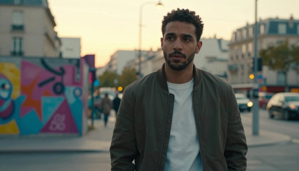 A dynamic scene featuring Saïd Taghmaoui, the Moroccan international actor, in a stylish, modern city setting that evokes the spirit of the film "La Haine." In the foreground, depict Taghmaoui wearing casual yet fashionable clothing, with a thoughtful expression, reflecting his journey in cinema. The middle ground shows vibrant street art and urban elements, hinting at the raw energy of Paris. The background captures a bustling cityscape with a sunset glow, casting warm light over the scene. Use a shallow depth of field to keep the focus on Taghmaoui, while soft bokeh enhances the atmosphere. The mood is reflective and aspirational, symbolizing his rise in the film industry. A dynamic scene featuring Saïd Taghmaoui, the Moroccan international actor, in a stylish, modern city setting that evokes the spirit of the film "La Haine." In the foreground, depict Taghmaoui wearing casual yet fashionable clothing, with a thoughtful expression, reflecting his journey in cinema. The middle ground shows vibrant street art and urban elements, hinting at the raw energy of Paris. The background captures a bustling cityscape with a sunset glow, casting warm light over the scene. Use a shallow depth of field to keep the focus on Taghmaoui, while soft bokeh enhances the atmosphere. The mood is reflective and aspirational, symbolizing his rise in the film industry.