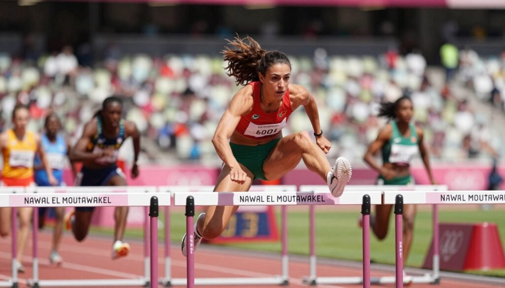A dynamic scene of Nawal El Moutawakel, the first Moroccan Olympic gold medalist, competing in a hurdles race. The foreground presents her in an athletic outfit, showcasing determination and strength as she hurdles over a barrier with precision. In the middle ground, an intense competition atmosphere is depicted with blurred athletes in the background, emphasizing her focus and athletic prowess. The background features a vibrant stadium filled with cheering spectators under bright, sunny skies, enhancing the sense of achievement. The lighting is bright, capturing the excitement of a live sports event. The composition uses a slightly low angle to convey power and inspiration, evoking the mood of triumph and historical significance. A dynamic scene of Nawal El Moutawakel, the first Moroccan Olympic gold medalist, competing in a hurdles race. The foreground presents her in an athletic outfit, showcasing determination and strength as she hurdles over a barrier with precision. In the middle ground, an intense competition atmosphere is depicted with blurred athletes in the background, emphasizing her focus and athletic prowess. The background features a vibrant stadium filled with cheering spectators under bright, sunny skies, enhancing the sense of achievement. The lighting is bright, capturing the excitement of a live sports event. The composition uses a slightly low angle to convey power and inspiration, evoking the mood of triumph and historical significance.