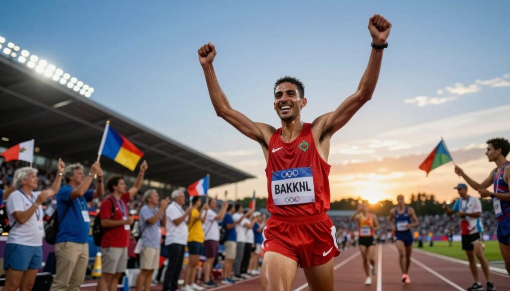A dynamic scene of Soufiane El Bakkali celebrating his Olympic steeplechase victory, showcasing his athleticism and triumph. In the foreground, a fit, athletic male runner in a Moroccan sports uniform, arms raised in joy, glistening with sweat to capture the intensity of the moment. The middle ground features a blurred crowd, some waving flags, reflecting the excitement of the audience in a stadium setting. In the background, a bright blue sky transitions into a sunset, casting warm golden light over the entire scene. The atmosphere is one of exhilaration and accomplishment, with a focus on the runner's determined expression. Use a wide-angle lens to capture the breadth of the stadium, emphasizing the crowd and the celebratory details. A dynamic scene of Soufiane El Bakkali celebrating his Olympic steeplechase victory, showcasing his athleticism and triumph. In the foreground, a fit, athletic male runner in a Moroccan sports uniform, arms raised in joy, glistening with sweat to capture the intensity of the moment. The middle ground features a blurred crowd, some waving flags, reflecting the excitement of the audience in a stadium setting. In the background, a bright blue sky transitions into a sunset, casting warm golden light over the entire scene. The atmosphere is one of exhilaration and accomplishment, with a focus on the runner's determined expression. Use a wide-angle lens to capture the breadth of the stadium, emphasizing the crowd and the celebratory details.