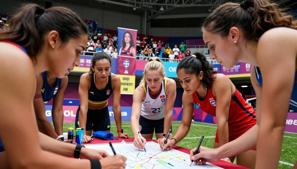 A dynamic scene showcasing female athletes engaged in impactful sports initiatives, highlighting empowerment and teamwork. In the foreground, diverse women in professional athletic attire are collaborating, perhaps brainstorming over a strategy map, their expressions focused and inspired. In the middle ground, various sports equipment and banners featuring women's sports icons, symbolizing progress and determination. The background features a vibrant sports arena filled with spectators, reflecting a supportive atmosphere. Soft, natural lighting enhances the sense of camaraderie, while a low-angle shot emphasizes the athletes' strength and resilience. The overall mood is one of inspiration, unity, and celebration of women's contributions to sports, encouraging future generations. A dynamic scene showcasing female athletes engaged in impactful sports initiatives, highlighting empowerment and teamwork. In the foreground, diverse women in professional athletic attire are collaborating, perhaps brainstorming over a strategy map, their expressions focused and inspired. In the middle ground, various sports equipment and banners featuring women's sports icons, symbolizing progress and determination. The background features a vibrant sports arena filled with spectators, reflecting a supportive atmosphere. Soft, natural lighting enhances the sense of camaraderie, while a low-angle shot emphasizes the athletes' strength and resilience. The overall mood is one of inspiration, unity, and celebration of women's contributions to sports, encouraging future generations.