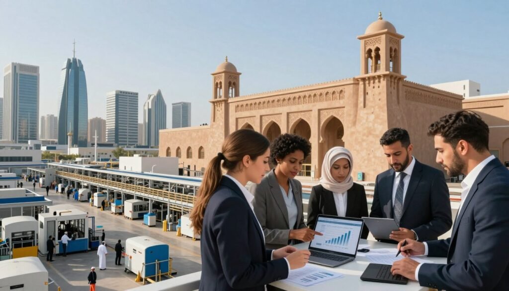 A dynamic split-image visual showcasing the comparison between Moroccan industry and international standards. In the foreground, a diverse group of business professionals dressed in smart and professional attire engaged in a discussion, analyzing charts and graphs on digital devices. The middle ground features a modern Moroccan factory, with traditional architectural elements seamlessly blending into advanced technology, symbolizing innovation. To the left, a bustling international industrial landscape with sleek skyscrapers, high-tech machinery, and diverse workers from various countries representing global industry practices. The background is a clear sky, illuminating the scene with warm sunlight, emphasizing optimism and growth. The overall atmosphere conveys collaboration, progress, and a forward-looking vision for the future of industry. A dynamic split-image visual showcasing the comparison between Moroccan industry and international standards. In the foreground, a diverse group of business professionals dressed in smart and professional attire engaged in a discussion, analyzing charts and graphs on digital devices. The middle ground features a modern Moroccan factory, with traditional architectural elements seamlessly blending into advanced technology, symbolizing innovation. To the left, a bustling international industrial landscape with sleek skyscrapers, high-tech machinery, and diverse workers from various countries representing global industry practices. The background is a clear sky, illuminating the scene with warm sunlight, emphasizing optimism and growth. The overall atmosphere conveys collaboration, progress, and a forward-looking vision for the future of industry.