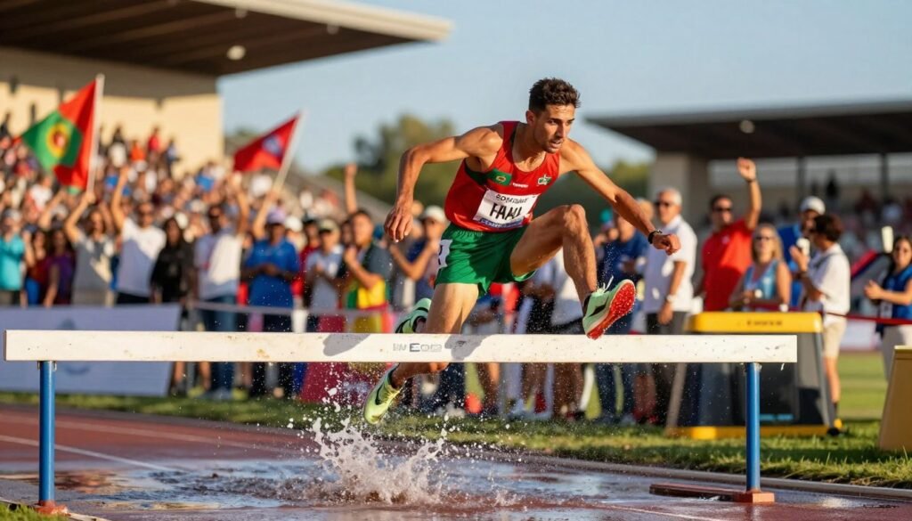 A dynamic sports scene capturing a Moroccan steeplechase athlete, Soufiane El Bakkali, crossing the finish line in a moment of triumph. The athlete wears a vibrant team uniform, showcasing the colors of Morocco, and is depicted in mid-air, leaping over a water barrier with determination and focus. The foreground highlights the dynamic motion of the athlete, with splashes of water artistically frozen in time. The middle ground features an enthusiastic crowd in slightly blurred motion, waving flags and cheering. The background includes a grand stadium setting, with colorful banners and a bright blue sky. The image is bathed in warm afternoon sunlight, creating an inspiring and celebratory atmosphere, emphasizing victory and pride in athletic achievement. A dynamic sports scene capturing a Moroccan steeplechase athlete, Soufiane El Bakkali, crossing the finish line in a moment of triumph. The athlete wears a vibrant team uniform, showcasing the colors of Morocco, and is depicted in mid-air, leaping over a water barrier with determination and focus. The foreground highlights the dynamic motion of the athlete, with splashes of water artistically frozen in time. The middle ground features an enthusiastic crowd in slightly blurred motion, waving flags and cheering. The background includes a grand stadium setting, with colorful banners and a bright blue sky. The image is bathed in warm afternoon sunlight, creating an inspiring and celebratory atmosphere, emphasizing victory and pride in athletic achievement.