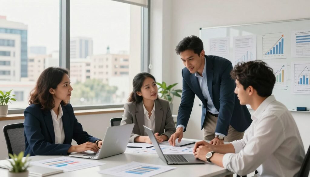 A dynamic startup office space depicted in bright, warm lighting to convey innovation and energy. In the foreground, a diverse group of three professional individuals, dressed in smart business attire, are engaged in a lively discussion over a table filled with charts and digital devices, symbolizing investment in seed and Series A funding. In the middle ground, large windows reveal a bustling cityscape, with hints of modern architecture and green spaces, representing economic growth in Morocco. The background features a whiteboard covered with brainstorming ideas and financial graphs, emphasizing the theme of innovative investments. The overall atmosphere is focused, collaborative, and inspiring, capturing the entrepreneurial spirit in a vibrant, contemporary environment. A dynamic startup office space depicted in bright, warm lighting to convey innovation and energy. In the foreground, a diverse group of three professional individuals, dressed in smart business attire, are engaged in a lively discussion over a table filled with charts and digital devices, symbolizing investment in seed and Series A funding. In the middle ground, large windows reveal a bustling cityscape, with hints of modern architecture and green spaces, representing economic growth in Morocco. The background features a whiteboard covered with brainstorming ideas and financial graphs, emphasizing the theme of innovative investments. The overall atmosphere is focused, collaborative, and inspiring, capturing the entrepreneurial spirit in a vibrant, contemporary environment.