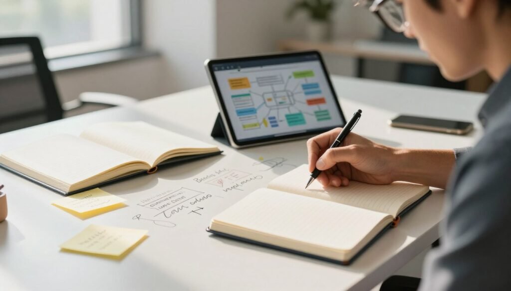 A dynamic workspace featuring a professional with a focused expression, rapidly jotting down ideas in a sleek notebook. In the foreground, a hand holds a pen poised above blank pages. In the middle ground, an inspiring arrangement of open notebooks, sticky notes with scribbled thoughts, and a digital tablet displaying vibrant brainstorming diagrams. The background includes a modern office space with large windows allowing natural light to flood in, casting soft shadows on a minimalist desk. The overall mood is energetic and creative, reflecting a sense of urgency and innovation. The image should be captured with a shallow depth of field, using soft, warm lighting to create an inviting atmosphere, emphasizing the theme of capturing thoughts swiftly and efficiently. A dynamic workspace featuring a professional with a focused expression, rapidly jotting down ideas in a sleek notebook. In the foreground, a hand holds a pen poised above blank pages. In the middle ground, an inspiring arrangement of open notebooks, sticky notes with scribbled thoughts, and a digital tablet displaying vibrant brainstorming diagrams. The background includes a modern office space with large windows allowing natural light to flood in, casting soft shadows on a minimalist desk. The overall mood is energetic and creative, reflecting a sense of urgency and innovation. The image should be captured with a shallow depth of field, using soft, warm lighting to create an inviting atmosphere, emphasizing the theme of capturing thoughts swiftly and efficiently.