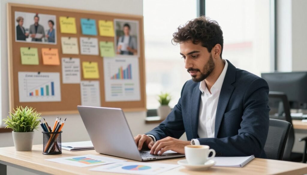 A dynamic workspace scene showing a focused auto-entrepreneur with a laptop, surrounded by colorful charts and graphs representing business growth. In the foreground, a neatly organized desk with stationery, a cup of coffee, and a small plant adds a touch of warmth. The middle ground features a motivational vision board filled with inspiring images and notes about success strategies. In the background, a window allows soft natural light to flood the room, creating a bright and optimistic atmosphere. The entrepreneur, a Moroccan person dressed in professional business attire, appears engaged and confident, reflecting determination. The overall mood is one of inspiration, professionalism, and empowerment, ideal for anyone looking to succeed in their entrepreneurial journey. A dynamic workspace scene showing a focused auto-entrepreneur with a laptop, surrounded by colorful charts and graphs representing business growth. In the foreground, a neatly organized desk with stationery, a cup of coffee, and a small plant adds a touch of warmth. The middle ground features a motivational vision board filled with inspiring images and notes about success strategies. In the background, a window allows soft natural light to flood the room, creating a bright and optimistic atmosphere. The entrepreneur, a Moroccan person dressed in professional business attire, appears engaged and confident, reflecting determination. The overall mood is one of inspiration, professionalism, and empowerment, ideal for anyone looking to succeed in their entrepreneurial journey.