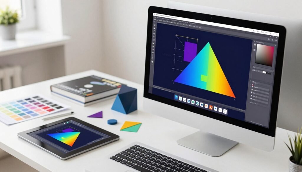 A dynamic workspace showcasing Boolean operations and vector design tools. In the foreground, a sleek, modern computer with a vibrant screen displaying intricate vector shapes and Boolean operation diagrams. To the left, a digital tablet with a stylus, featuring interactive design elements. The middle ground reveals an organized desk with design books, color swatches, and geometric shapes scattered about. In the background, a bright, minimalist office environment with soft natural lighting illuminating the space, creating an atmosphere of creativity and productivity. The camera angle is slightly elevated, capturing the essence of a designer's workflow, inviting viewers into this professional setting. The mood is inspiring and focused, ideal for effective design work. A dynamic workspace showcasing Boolean operations and vector design tools. In the foreground, a sleek, modern computer with a vibrant screen displaying intricate vector shapes and Boolean operation diagrams. To the left, a digital tablet with a stylus, featuring interactive design elements. The middle ground reveals an organized desk with design books, color swatches, and geometric shapes scattered about. In the background, a bright, minimalist office environment with soft natural lighting illuminating the space, creating an atmosphere of creativity and productivity. The camera angle is slightly elevated, capturing the essence of a designer's workflow, inviting viewers into this professional setting. The mood is inspiring and focused, ideal for effective design work.