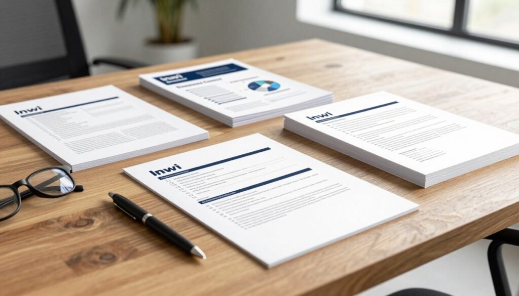 A flat lay composition of business subscription documents, neatly arranged on a sleek wooden desk. In the foreground, focus on a highlighted subscription form with ticked boxes, surrounded by a pen and reading glasses. In the middle ground, stacks of organized papers and business brochures about "Inwi Business Connect" are visible, each with graphs and contact information. The background features a blurred office setting with soft natural light streaming through a window, creating a warm and inviting atmosphere. Emphasize a professional mood, with a sense of clarity and efficiency, ideal for a business environment. The image should be devoid of any text or watermarks, maintaining a clean, polished look. A flat lay composition of business subscription documents, neatly arranged on a sleek wooden desk. In the foreground, focus on a highlighted subscription form with ticked boxes, surrounded by a pen and reading glasses. In the middle ground, stacks of organized papers and business brochures about "Inwi Business Connect" are visible, each with graphs and contact information. The background features a blurred office setting with soft natural light streaming through a window, creating a warm and inviting atmosphere. Emphasize a professional mood, with a sense of clarity and efficiency, ideal for a business environment. The image should be devoid of any text or watermarks, maintaining a clean, polished look.