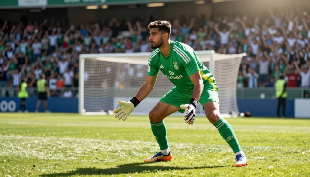 A focused and determined Moroccan football goalkeeper, Yassine Bounou, in his Real Zaragoza kit, standing in a dynamic pose on the soccer field. In the foreground, he is positioned with a slight crouch, hands outstretched as if preparing to make a save, showcasing his athletic build and focused expression. The middle ground features a well-maintained soccer pitch, with goalposts in the background partially blurred to emphasize the goalkeeper. The stadium stands are filled with cheering fans, creating an energetic atmosphere. The lighting is bright and dynamic, capturing a vibrant day, with sun rays casting dramatic shadows. The angle is slightly low, highlighting Bounou's determination and stature, evoking a sense of aspiration and resilience during his loan experience at Real Zaragoza. A focused and determined Moroccan football goalkeeper, Yassine Bounou, in his Real Zaragoza kit, standing in a dynamic pose on the soccer field. In the foreground, he is positioned with a slight crouch, hands outstretched as if preparing to make a save, showcasing his athletic build and focused expression. The middle ground features a well-maintained soccer pitch, with goalposts in the background partially blurred to emphasize the goalkeeper. The stadium stands are filled with cheering fans, creating an energetic atmosphere. The lighting is bright and dynamic, capturing a vibrant day, with sun rays casting dramatic shadows. The angle is slightly low, highlighting Bounou's determination and stature, evoking a sense of aspiration and resilience during his loan experience at Real Zaragoza.