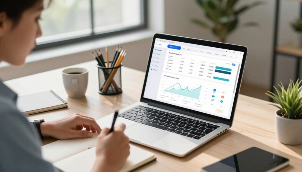 A focused digital workspace scene featuring a sleek laptop open to a modern interface displaying a pricing chart. In the foreground, a protagonist, a confident professional in smart casual attire, is taking notes on a notepad, with a thoughtful expression. The middle-ground shows a stylish desk adorned with stationery, a coffee mug, and a plant, creating an inviting workspace atmosphere. In the background, large windows let in natural light, illuminating the room and casting soft shadows. The mood is one of productivity and creativity, suggesting a blend of professionalism and innovation. The angle is slightly elevated, providing a clear view of the pricing details on the laptop, emphasizing the financial aspect of SEO writing tools. The scene is vivid, engaging, and conveys a sense of modern business efficiency. A focused digital workspace scene featuring a sleek laptop open to a modern interface displaying a pricing chart. In the foreground, a protagonist, a confident professional in smart casual attire, is taking notes on a notepad, with a thoughtful expression. The middle-ground shows a stylish desk adorned with stationery, a coffee mug, and a plant, creating an inviting workspace atmosphere. In the background, large windows let in natural light, illuminating the room and casting soft shadows. The mood is one of productivity and creativity, suggesting a blend of professionalism and innovation. The angle is slightly elevated, providing a clear view of the pricing details on the laptop, emphasizing the financial aspect of SEO writing tools. The scene is vivid, engaging, and conveys a sense of modern business efficiency.