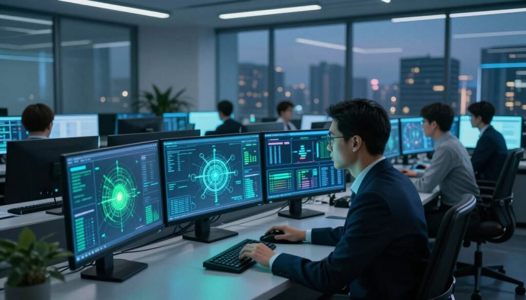 A futuristic cybersecurity control room bathed in soft blue and green light, highlighting a range of sophisticated technology screens displaying data analytics and threat detection. In the foreground, a professional cybersecurity analyst, dressed in smart business attire, is intently monitoring the screens, surrounded by holographic displays of various risk vectors such as phishing, malware, and data breaches. In the middle ground, additional team members collaborate over digital devices displaying real-time cybersecurity solutions. The background features a sleek, modern office environment with floor-to-ceiling windows showing a city skyline at dusk, creating a sense of urgency and professionalism. The atmosphere is intense yet focused, emphasizing the importance of specialized cybersecurity solutions for every risk vector. A futuristic cybersecurity control room bathed in soft blue and green light, highlighting a range of sophisticated technology screens displaying data analytics and threat detection. In the foreground, a professional cybersecurity analyst, dressed in smart business attire, is intently monitoring the screens, surrounded by holographic displays of various risk vectors such as phishing, malware, and data breaches. In the middle ground, additional team members collaborate over digital devices displaying real-time cybersecurity solutions. The background features a sleek, modern office environment with floor-to-ceiling windows showing a city skyline at dusk, creating a sense of urgency and professionalism. The atmosphere is intense yet focused, emphasizing the importance of specialized cybersecurity solutions for every risk vector.