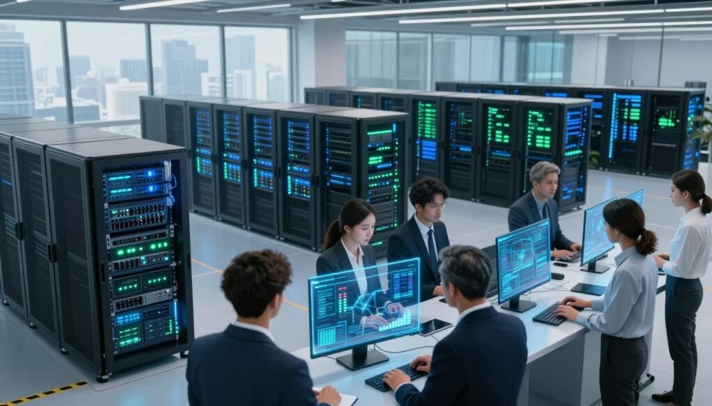 A futuristic data center featuring sleek, interconnected servers and advanced networking equipment, showcasing various customized digital infrastructure hosting solutions. In the foreground, a team of diverse professionals, dressed in smart business attire, analyze complex data on holographic displays, collaborating closely. The middle ground highlights a variety of servers and networking hubs, glowing softly with blue and green LED lights that indicate activity, symbolizing connectivity and efficiency. In the background, large glass windows reveal a bright, modern skyline, hinting at a sustainable future. The lighting is bright yet soft, creating a professional atmosphere, with a wide-angle lens perspective that emphasizes both technology and teamwork. The overall mood conveys innovation, reliability, and expertise in digital hosting solutions. A futuristic data center featuring sleek, interconnected servers and advanced networking equipment, showcasing various customized digital infrastructure hosting solutions. In the foreground, a team of diverse professionals, dressed in smart business attire, analyze complex data on holographic displays, collaborating closely. The middle ground highlights a variety of servers and networking hubs, glowing softly with blue and green LED lights that indicate activity, symbolizing connectivity and efficiency. In the background, large glass windows reveal a bright, modern skyline, hinting at a sustainable future. The lighting is bright yet soft, creating a professional atmosphere, with a wide-angle lens perspective that emphasizes both technology and teamwork. The overall mood conveys innovation, reliability, and expertise in digital hosting solutions.