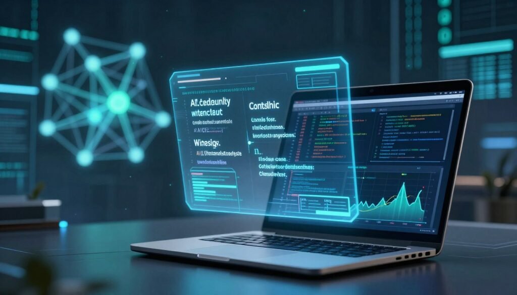 A futuristic digital landscape illustrating the concept of AI-generated content detection. In the foreground, a sleek, modern laptop displays analytical graphs and code snippets, representing the intricate technology behind content analysis. The middle layer features a holographic interface showcasing keywords and data streams flowing from the laptop, symbolizing the detection process. In the background, abstract representations of AI neural networks and binary code create a complex, high-tech atmosphere, illuminated by soft blue and green lighting to enhance the futuristic feel. The mood should convey innovation and professionalism, suitable for a digital marketing environment. The image should remain free of any text or logos for clarity. A futuristic digital landscape illustrating the concept of AI-generated content detection. In the foreground, a sleek, modern laptop displays analytical graphs and code snippets, representing the intricate technology behind content analysis. The middle layer features a holographic interface showcasing keywords and data streams flowing from the laptop, symbolizing the detection process. In the background, abstract representations of AI neural networks and binary code create a complex, high-tech atmosphere, illuminated by soft blue and green lighting to enhance the futuristic feel. The mood should convey innovation and professionalism, suitable for a digital marketing environment. The image should remain free of any text or logos for clarity.