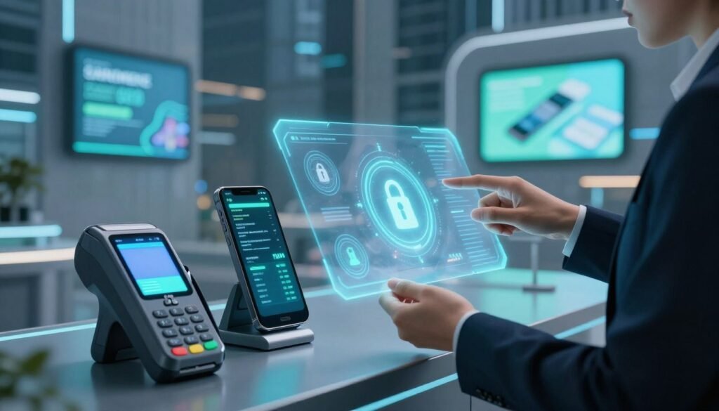 A futuristic financial technology scene depicting a digital payment interface with holographic elements. In the foreground, a professional businessperson in smart attire interacts with a translucent screen showcasing secure transaction features, such as encryption icons and biometric verification. The middle layer features sleek, modern devices like smartphones and payment terminals displaying glowing transaction data. The background consists of an advanced urban environment with stylized buildings and digital advertisements highlighting electronic payment solutions. Soft blue and green lighting creates a high-tech ambiance, while a dynamic, slightly blurred depth of field emphasizes the focus on the payment technology in action. The overall mood is innovative and secure, reflecting trust in digital transactions. A futuristic financial technology scene depicting a digital payment interface with holographic elements. In the foreground, a professional businessperson in smart attire interacts with a translucent screen showcasing secure transaction features, such as encryption icons and biometric verification. The middle layer features sleek, modern devices like smartphones and payment terminals displaying glowing transaction data. The background consists of an advanced urban environment with stylized buildings and digital advertisements highlighting electronic payment solutions. Soft blue and green lighting creates a high-tech ambiance, while a dynamic, slightly blurred depth of field emphasizes the focus on the payment technology in action. The overall mood is innovative and secure, reflecting trust in digital transactions.
