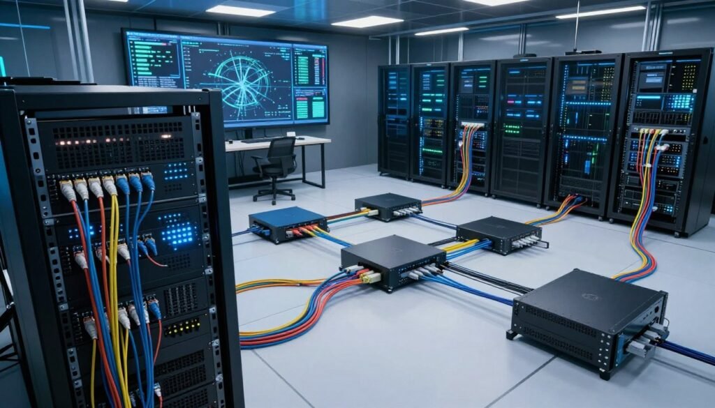 A futuristic, high-tech data center showcasing a diverse network infrastructure. In the foreground, a sleek server rack with blinking LEDs and an array of colorful data cables. The middle ground features advanced routers and switches interconnected, symbolizing a robust API proxy network. In the background, large screens displaying real-time data analytics and network performance metrics, with a soft blue glow illuminating the entire scene. The atmosphere is professional and efficient, with a focus on innovation in technology. Use a wide-angle lens effect to capture the vastness of the space, with balanced lighting to highlight the intricate details of the equipment and create a sense of depth. A futuristic, high-tech data center showcasing a diverse network infrastructure. In the foreground, a sleek server rack with blinking LEDs and an array of colorful data cables. The middle ground features advanced routers and switches interconnected, symbolizing a robust API proxy network. In the background, large screens displaying real-time data analytics and network performance metrics, with a soft blue glow illuminating the entire scene. The atmosphere is professional and efficient, with a focus on innovation in technology. Use a wide-angle lens effect to capture the vastness of the space, with balanced lighting to highlight the intricate details of the equipment and create a sense of depth.