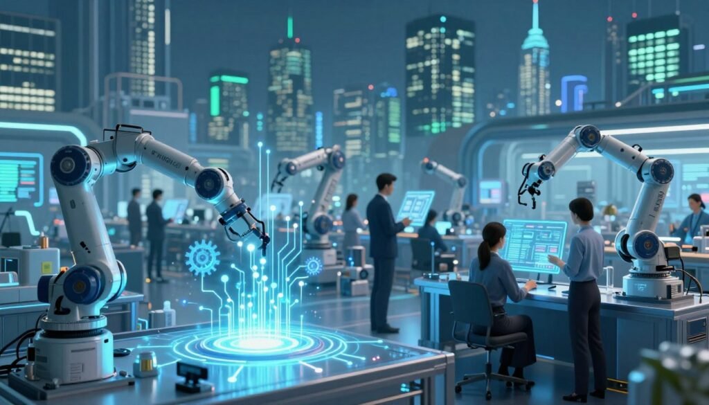 A futuristic illustration representing the key pillars of Industry 4.0. In the foreground, showcase advanced technologies like AI algorithms visualized as radiant circuits, interconnected with gears symbolizing automation. In the middle ground, depict a smart factory environment filled with robots working harmoniously alongside workers dressed in professional business attire, engaged in digital interfaces and touchscreens. The background features an expansive city skyline, illuminated by soft blue and green lighting to convey a tech-savvy atmosphere. Use a wide-angle perspective to emphasize the scale of the factory and city, with a focus on creating a dynamic interplay of light and shadow to enhance the innovation feel of Industry 4.0. The overall mood should evoke a sense of progress and collaboration. A futuristic illustration representing the key pillars of Industry 4.0. In the foreground, showcase advanced technologies like AI algorithms visualized as radiant circuits, interconnected with gears symbolizing automation. In the middle ground, depict a smart factory environment filled with robots working harmoniously alongside workers dressed in professional business attire, engaged in digital interfaces and touchscreens. The background features an expansive city skyline, illuminated by soft blue and green lighting to convey a tech-savvy atmosphere. Use a wide-angle perspective to emphasize the scale of the factory and city, with a focus on creating a dynamic interplay of light and shadow to enhance the innovation feel of Industry 4.0. The overall mood should evoke a sense of progress and collaboration.
