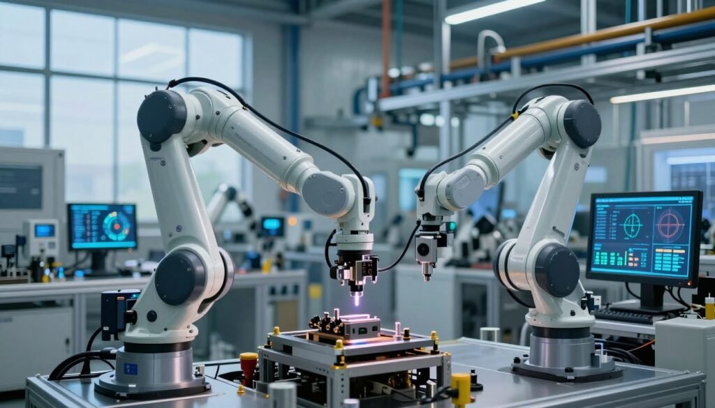 A futuristic industrial setting showcasing robotic applications and sensors in an Industrie 4.0 environment. In the foreground, a sleek, multi-armed robot performs precise assembly tasks with advanced sensors visibly integrated into its design. In the middle ground, various industrial equipment operates harmoniously, with digital screens displaying real-time data analytics and performance metrics. The background features a modern factory with automated machinery, conveyors, and a clear blue sky visible through large windows. The scene is bathed in soft, natural lighting with a hint of technological glow, creating a dynamic atmosphere of innovation and efficiency. The image conveys a sense of advanced technology and collaboration in the industrial space, emphasizing the potential of automation and smart manufacturing. A futuristic industrial setting showcasing robotic applications and sensors in an Industrie 4.0 environment. In the foreground, a sleek, multi-armed robot performs precise assembly tasks with advanced sensors visibly integrated into its design. In the middle ground, various industrial equipment operates harmoniously, with digital screens displaying real-time data analytics and performance metrics. The background features a modern factory with automated machinery, conveyors, and a clear blue sky visible through large windows. The scene is bathed in soft, natural lighting with a hint of technological glow, creating a dynamic atmosphere of innovation and efficiency. The image conveys a sense of advanced technology and collaboration in the industrial space, emphasizing the potential of automation and smart manufacturing.