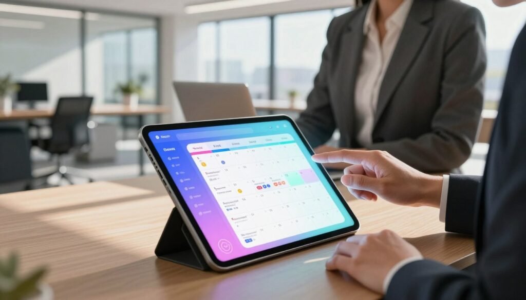 A futuristic office setting featuring a smart calendar interface, seamlessly integrated with digital devices. In the foreground, a sleek tablet displays a vibrant calendar filled with organized tasks and reminders. The middle ground showcases a professional individual, dressed in smart business attire, interacting with the calendar through touch gestures, highlighting the intelligent features. The background reveals a modern workspace with large windows, allowing natural light to flood in, enhancing the mood of productivity and innovation. Soft shadows are cast by contemporary furniture, creating a warm and inviting atmosphere. The scene is captured from a slight angle, emphasizing both the digital interaction and the elegant office design, evoking a sense of advanced technology working collaboratively with humans. A futuristic office setting featuring a smart calendar interface, seamlessly integrated with digital devices. In the foreground, a sleek tablet displays a vibrant calendar filled with organized tasks and reminders. The middle ground showcases a professional individual, dressed in smart business attire, interacting with the calendar through touch gestures, highlighting the intelligent features. The background reveals a modern workspace with large windows, allowing natural light to flood in, enhancing the mood of productivity and innovation. Soft shadows are cast by contemporary furniture, creating a warm and inviting atmosphere. The scene is captured from a slight angle, emphasizing both the digital interaction and the elegant office design, evoking a sense of advanced technology working collaboratively with humans.