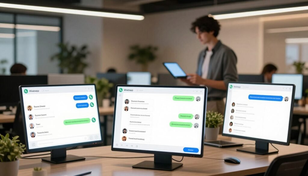 A futuristic office space featuring a sleek, user-friendly interface for a WhatsApp chatbot without code. In the foreground, vibrant screens display chat interactions, including colorful icons representing various functionalities. In the middle ground, a professional individual in smart casual attire is engaging with the technology, showcasing how easy and intuitive it is to optimize communication. The background features modern office decor with plants and strategically placed lighting that creates a warm and inviting atmosphere. Soft, ambient light illuminates the scene, suggesting innovation and collaboration. The entire composition captures a sense of efficiency and modern communication solutions, emphasizing a positive and forward-thinking vibe. A futuristic office space featuring a sleek, user-friendly interface for a WhatsApp chatbot without code. In the foreground, vibrant screens display chat interactions, including colorful icons representing various functionalities. In the middle ground, a professional individual in smart casual attire is engaging with the technology, showcasing how easy and intuitive it is to optimize communication. The background features modern office decor with plants and strategically placed lighting that creates a warm and inviting atmosphere. Soft, ambient light illuminates the scene, suggesting innovation and collaboration. The entire composition captures a sense of efficiency and modern communication solutions, emphasizing a positive and forward-thinking vibe.