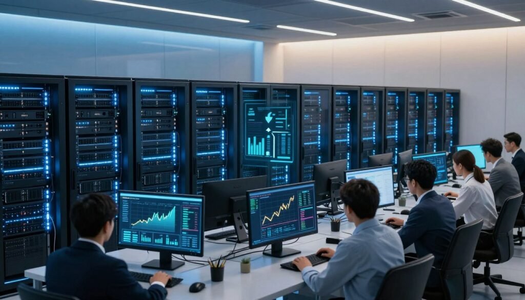 A futuristic server room filled with high-tech servers and glowing LED lights, emphasizing scalability. In the foreground, a diverse group of professionals in business attire is reviewing data on multiple screens, showing analytics about traffic spikes. The middle section illustrates rows of interconnected servers, with visual cues like arrows and graphs suggesting quick scaling capabilities. In the background, soft ambient light creates a modern atmosphere, transitioning from cool blues to warm whites, symbolizing efficiency and reliability. Use a wide angle lens to capture the full room, ensuring clarity and focus on both the individuals and the intricate server details. The mood is dynamic and innovative, reflecting the concept of instant scalability in web hosting. A futuristic server room filled with high-tech servers and glowing LED lights, emphasizing scalability. In the foreground, a diverse group of professionals in business attire is reviewing data on multiple screens, showing analytics about traffic spikes. The middle section illustrates rows of interconnected servers, with visual cues like arrows and graphs suggesting quick scaling capabilities. In the background, soft ambient light creates a modern atmosphere, transitioning from cool blues to warm whites, symbolizing efficiency and reliability. Use a wide angle lens to capture the full room, ensuring clarity and focus on both the individuals and the intricate server details. The mood is dynamic and innovative, reflecting the concept of instant scalability in web hosting.