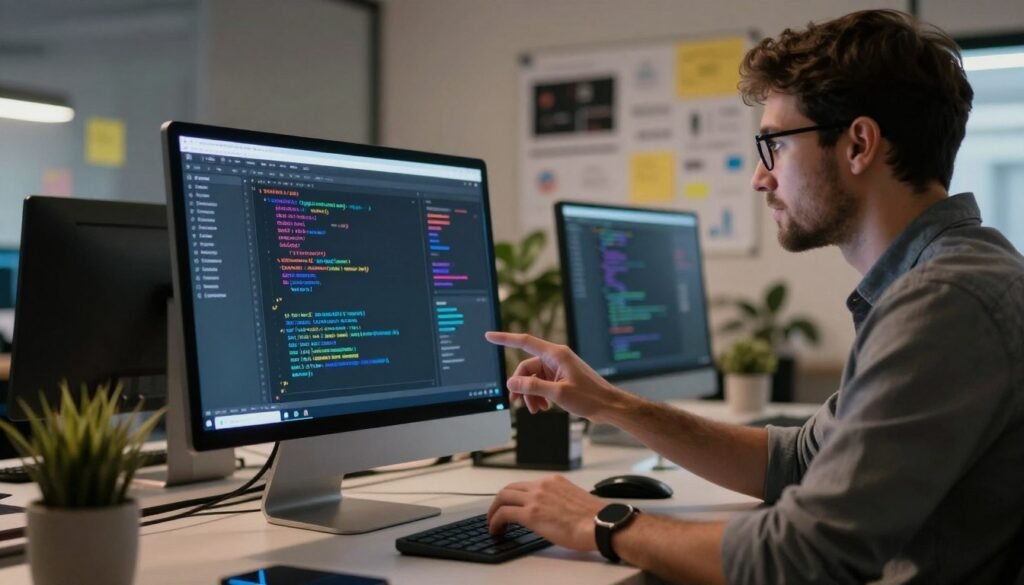 A futuristic workspace featuring GitHub Copilot as an intelligent coding assistant. In the foreground, a sleek, modern computer screen displays an open IDE with vibrant lines of code and Copilot's suggestions highlighted in a subtle glow. A professional developer, dressed in smart casual attire, intently interacts with the screen, showcasing a sense of concentration. In the middle ground, various tech gadgets and notes create a creative atmosphere. In the background, a softly lit office environment with digital brainstorming boards and hints of greenery promotes innovation. The mood is focused and productive, with warm lighting and a shallow depth of field to draw attention to the developer and the screen, accentuating the synergy between humans and AI in coding. A futuristic workspace featuring GitHub Copilot as an intelligent coding assistant. In the foreground, a sleek, modern computer screen displays an open IDE with vibrant lines of code and Copilot's suggestions highlighted in a subtle glow. A professional developer, dressed in smart casual attire, intently interacts with the screen, showcasing a sense of concentration. In the middle ground, various tech gadgets and notes create a creative atmosphere. In the background, a softly lit office environment with digital brainstorming boards and hints of greenery promotes innovation. The mood is focused and productive, with warm lighting and a shallow depth of field to draw attention to the developer and the screen, accentuating the synergy between humans and AI in coding.
