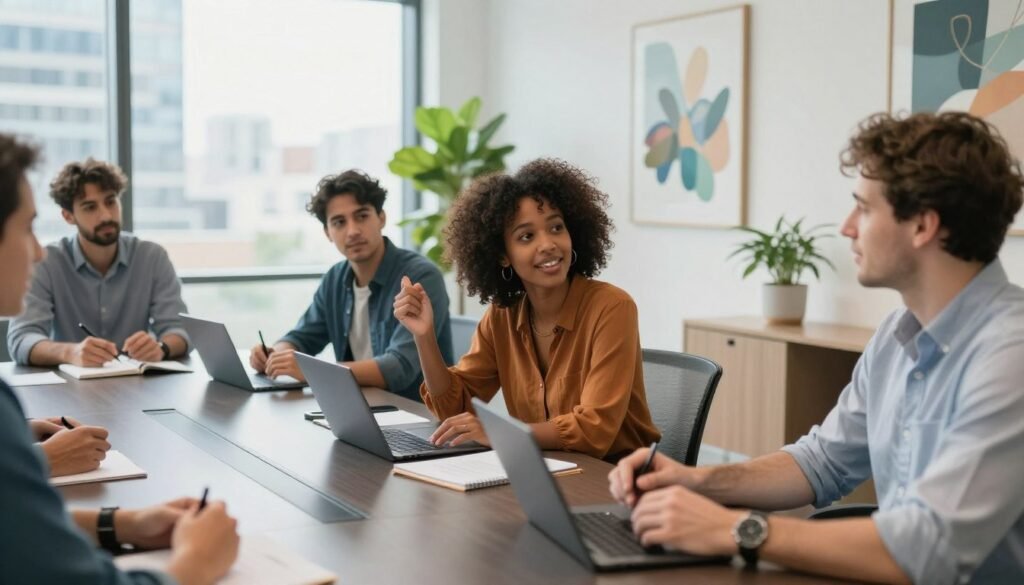 A group of diverse founders, including a woman of African descent and a Caucasian man, are gathered around a sleek conference table in a modern office, sharing their experiences with funding. In the foreground, their expression is engaged and enthusiastic, as they reference notes and digital devices. The middle ground features a large window with a cityscape view, suggesting a dynamic business environment. The background is filled with contemporary artwork and greenery to evoke a sense of creativity and growth. The lighting is bright and natural, streaming in through the window, creating a professional yet warm atmosphere. The shot is taken from a slightly elevated angle to capture the interaction among the founders, emphasizing collaboration and support in the entrepreneurial journey. A group of diverse founders, including a woman of African descent and a Caucasian man, are gathered around a sleek conference table in a modern office, sharing their experiences with funding. In the foreground, their expression is engaged and enthusiastic, as they reference notes and digital devices. The middle ground features a large window with a cityscape view, suggesting a dynamic business environment. The background is filled with contemporary artwork and greenery to evoke a sense of creativity and growth. The lighting is bright and natural, streaming in through the window, creating a professional yet warm atmosphere. The shot is taken from a slightly elevated angle to capture the interaction among the founders, emphasizing collaboration and support in the entrepreneurial journey.
