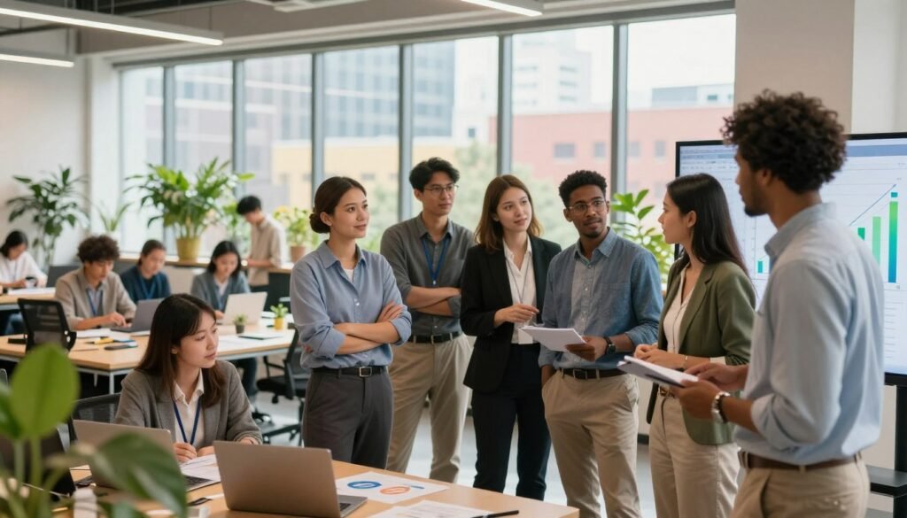 A group of diverse professionals collaborating in a modern incubator space, showcasing innovation and support for startups. In the foreground, a mixed-gender team of young entrepreneurs, dressed in smart business attire, discuss ideas while pointing at a digital screen displaying a growth chart. In the middle ground, a bright and open workspace with plants, laptops, and brainstorming materials scattered around, symbolizing creativity and teamwork. The background presents large windows with natural light pouring in, showcasing a vibrant cityscape outside, symbolizing opportunities. The atmosphere is inspiring and energetic, highlighting the mission of fostering entrepreneurship. Use soft, warm lighting to create an inviting ambiance, with a slight focus on the group to emphasize their interaction. A group of diverse professionals collaborating in a modern incubator space, showcasing innovation and support for startups. In the foreground, a mixed-gender team of young entrepreneurs, dressed in smart business attire, discuss ideas while pointing at a digital screen displaying a growth chart. In the middle ground, a bright and open workspace with plants, laptops, and brainstorming materials scattered around, symbolizing creativity and teamwork. The background presents large windows with natural light pouring in, showcasing a vibrant cityscape outside, symbolizing opportunities. The atmosphere is inspiring and energetic, highlighting the mission of fostering entrepreneurship. Use soft, warm lighting to create an inviting ambiance, with a slight focus on the group to emphasize their interaction.