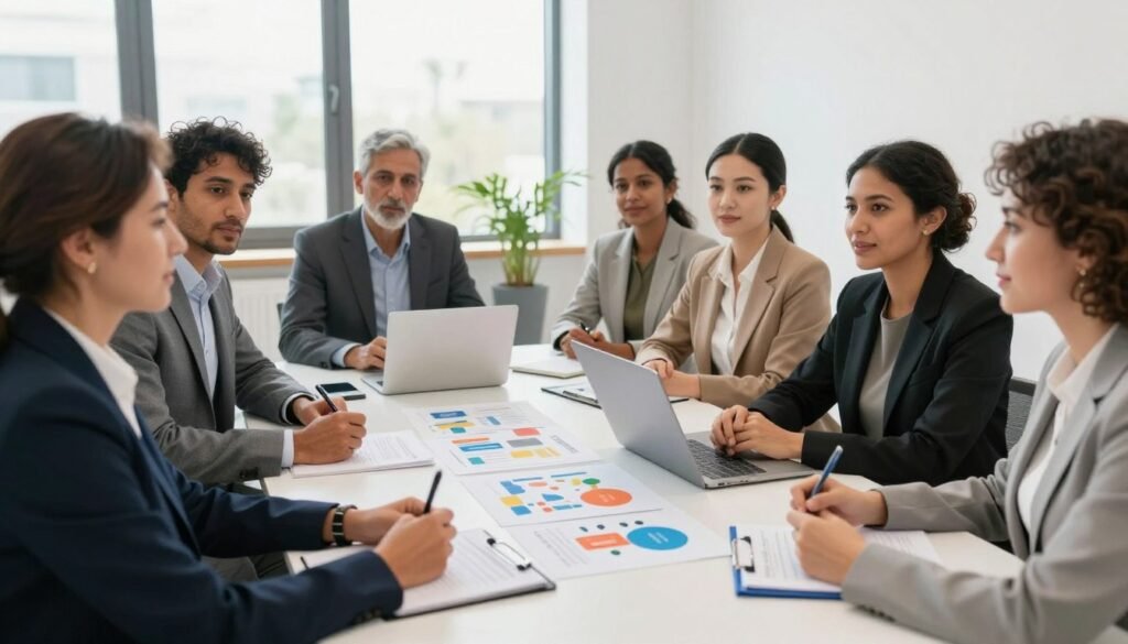 A group of diverse professionals engaged in a strategic meeting, focused on child protection partnerships. In the foreground, a middle-aged woman in a smart business suit presenting a project on child welfare, surrounded by a multi-ethnic team of men and women, all in professional attire. In the middle, a large table with documents, laptops, and colorful charts highlighting strategic plans for family support initiatives in Morocco. The background features a bright, modern office space with large windows allowing natural light to flood in, creating a warm and collaborative atmosphere. Soft shadows enhance the professionalism of the scene, conveying a strong sense of commitment and teamwork toward child protection. The overall mood is optimistic and supportive, reflecting the essence of collaborative efforts for the welfare of children. A group of diverse professionals engaged in a strategic meeting, focused on child protection partnerships. In the foreground, a middle-aged woman in a smart business suit presenting a project on child welfare, surrounded by a multi-ethnic team of men and women, all in professional attire. In the middle, a large table with documents, laptops, and colorful charts highlighting strategic plans for family support initiatives in Morocco. The background features a bright, modern office space with large windows allowing natural light to flood in, creating a warm and collaborative atmosphere. Soft shadows enhance the professionalism of the scene, conveying a strong sense of commitment and teamwork toward child protection. The overall mood is optimistic and supportive, reflecting the essence of collaborative efforts for the welfare of children.