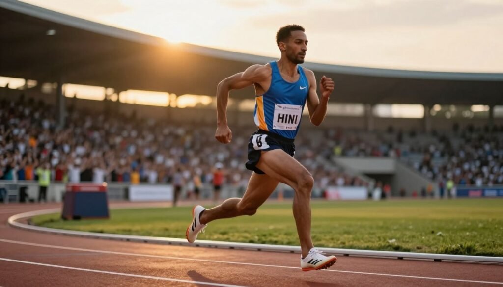 A legendary middle-distance runner, inspired by Hicham El Guerrouj, in athletic gear, fiercely sprinting on a track. In the foreground, focus on the athlete’s determined expression, muscular physique, and dynamic running posture. In the middle ground, a blurred stadium filled with cheering fans, capturing the energy and excitement of a major athletic event. The background features a setting sun casting a golden hue, illuminating the scene with dramatic lighting. The overall atmosphere is one of triumph and inspiration, showcasing the athlete’s impact on global athletics. Use a low-angle shot to emphasize speed and strength, with a shallow depth of field to heighten focus on the runner. A legendary middle-distance runner, inspired by Hicham El Guerrouj, in athletic gear, fiercely sprinting on a track. In the foreground, focus on the athlete’s determined expression, muscular physique, and dynamic running posture. In the middle ground, a blurred stadium filled with cheering fans, capturing the energy and excitement of a major athletic event. The background features a setting sun casting a golden hue, illuminating the scene with dramatic lighting. The overall atmosphere is one of triumph and inspiration, showcasing the athlete’s impact on global athletics. Use a low-angle shot to emphasize speed and strength, with a shallow depth of field to heighten focus on the runner.