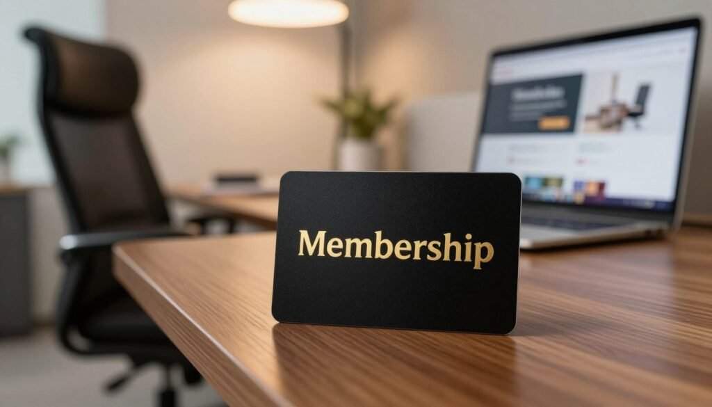 A luxurious premium black membership card, prominently displayed in the foreground, resting on a sleek wooden desk. The card features elegant gold embossed lettering, symbolizing exclusivity and value. In the middle background, a modern office space with a stylish ergonomic chair and a laptop showcasing enticing deals, subtly out of focus to maintain emphasis on the card. Soft, warm lighting gently illuminates the scene, creating an inviting atmosphere. The lens captures the scene from a slightly elevated angle, giving a sophisticated perspective. The mood is one of professionalism and aspiration, illustrating the theme of maximizing savings through premium membership, invoking a sense of financial empowerment and opportunity. A luxurious premium black membership card, prominently displayed in the foreground, resting on a sleek wooden desk. The card features elegant gold embossed lettering, symbolizing exclusivity and value. In the middle background, a modern office space with a stylish ergonomic chair and a laptop showcasing enticing deals, subtly out of focus to maintain emphasis on the card. Soft, warm lighting gently illuminates the scene, creating an inviting atmosphere. The lens captures the scene from a slightly elevated angle, giving a sophisticated perspective. The mood is one of professionalism and aspiration, illustrating the theme of maximizing savings through premium membership, invoking a sense of financial empowerment and opportunity.