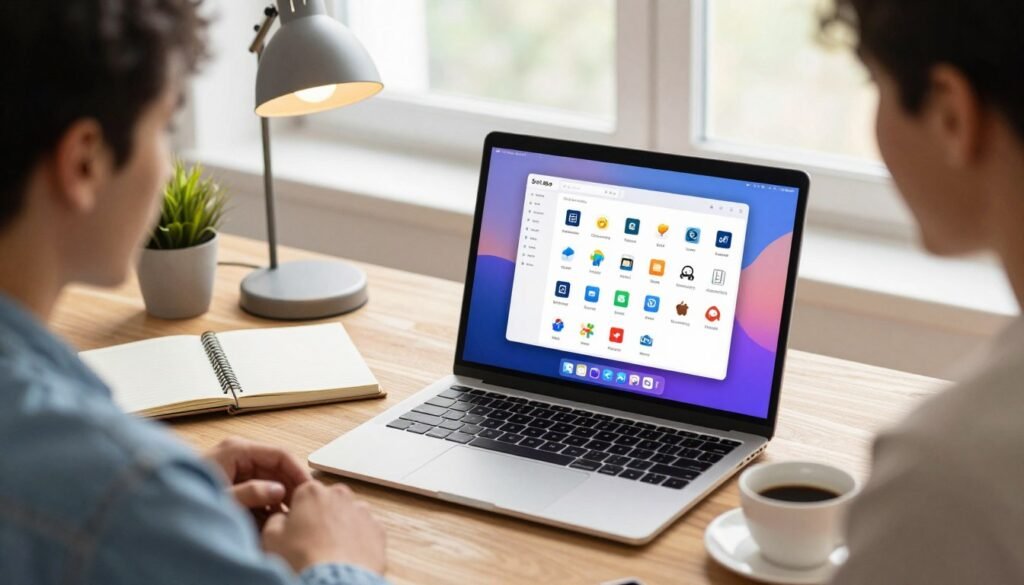 A modern MacBook open on a sleek wooden desk, displaying a vibrant SetApp interface filled with various application icons. In the foreground, a young professional in smart casual attire is intently focusing on the screen, with a cup of coffee beside them. The middle of the image showcases an organized workspace, including a stylish notebook, a stylish desk lamp, and a small potted plant, contributing to a creative atmosphere. In the background, a bright window lets in natural light, casting soft shadows and giving the scene a warm, inviting glow. The overall mood conveys innovation, productivity, and the revolution of app management on Mac systems, highlighting the simplicity and elegance of the SetApp platform. A modern MacBook open on a sleek wooden desk, displaying a vibrant SetApp interface filled with various application icons. In the foreground, a young professional in smart casual attire is intently focusing on the screen, with a cup of coffee beside them. The middle of the image showcases an organized workspace, including a stylish notebook, a stylish desk lamp, and a small potted plant, contributing to a creative atmosphere. In the background, a bright window lets in natural light, casting soft shadows and giving the scene a warm, inviting glow. The overall mood conveys innovation, productivity, and the revolution of app management on Mac systems, highlighting the simplicity and elegance of the SetApp platform.