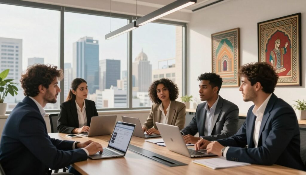 A modern Moroccan office setting showcasing the digital transformation of businesses in Morocco. In the foreground, a diverse group of three professionals—two men and one woman—are engaged in a lively discussion around a sleek conference table with laptops and digital devices. They are dressed in smart business attire, exuding a dynamic and innovative atmosphere. In the middle, large windows reveal a vibrant city skyline, symbolizing growth and opportunity. The background features framed artworks depicting Moroccan culture, blending tradition with modernity. Soft, natural lighting streams in, creating a warm yet energetic vibe. The entire scene reflects the spirit of digital presence and the evolution of website creation in Morocco, conveying motivation and collaboration. A modern Moroccan office setting showcasing the digital transformation of businesses in Morocco. In the foreground, a diverse group of three professionals—two men and one woman—are engaged in a lively discussion around a sleek conference table with laptops and digital devices. They are dressed in smart business attire, exuding a dynamic and innovative atmosphere. In the middle, large windows reveal a vibrant city skyline, symbolizing growth and opportunity. The background features framed artworks depicting Moroccan culture, blending tradition with modernity. Soft, natural lighting streams in, creating a warm yet energetic vibe. The entire scene reflects the spirit of digital presence and the evolution of website creation in Morocco, conveying motivation and collaboration.