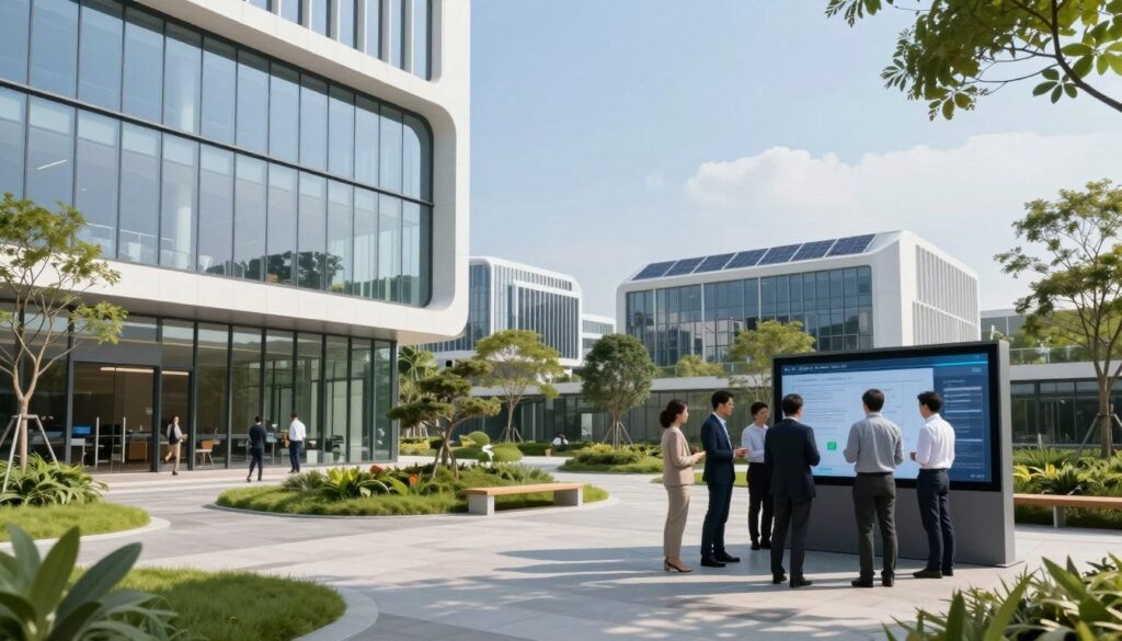 A modern Technopark scene showcasing innovation and technology services. In the foreground, a well-designed building with large glass windows, featuring sleek architecture, representing a hub for startups. Professionals in business attire engage in discussions, while a group collaborates around a digital display screen. In the middle, landscaped green spaces with benches and trees, providing a welcoming environment. The background features additional futuristic buildings and solar panels, symbolizing sustainable technology development under a clear blue sky. Soft, natural lighting enhances the inviting atmosphere, with a slight focus from a low angle, highlighting the grandeur of the structures and the collaborative spirit within the Technopark. A modern Technopark scene showcasing innovation and technology services. In the foreground, a well-designed building with large glass windows, featuring sleek architecture, representing a hub for startups. Professionals in business attire engage in discussions, while a group collaborates around a digital display screen. In the middle, landscaped green spaces with benches and trees, providing a welcoming environment. The background features additional futuristic buildings and solar panels, symbolizing sustainable technology development under a clear blue sky. Soft, natural lighting enhances the inviting atmosphere, with a slight focus from a low angle, highlighting the grandeur of the structures and the collaborative spirit within the Technopark.