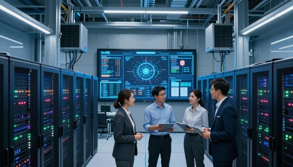 A modern Tier III datacenter interior, showcasing rows of server racks with vibrant LED indicators. In the foreground, a team of three professionals in business attire, discussing system architecture, their expressions focused and engaged. The middle ground features a large, digital monitoring wall displaying real-time performance metrics and certifications, emphasizing advanced technology. The background reveals sleek, modern infrastructure with cooling units and extensive cable management, bathed in soft blue lighting that creates a high-tech atmosphere. A wide-angle perspective highlights the scale and organization of the space, conveying a sense of security and efficiency. The overall mood is optimistic and innovative, underscoring the professionalism of N+ONE Datacenters. A modern Tier III datacenter interior, showcasing rows of server racks with vibrant LED indicators. In the foreground, a team of three professionals in business attire, discussing system architecture, their expressions focused and engaged. The middle ground features a large, digital monitoring wall displaying real-time performance metrics and certifications, emphasizing advanced technology. The background reveals sleek, modern infrastructure with cooling units and extensive cable management, bathed in soft blue lighting that creates a high-tech atmosphere. A wide-angle perspective highlights the scale and organization of the space, conveying a sense of security and efficiency. The overall mood is optimistic and innovative, underscoring the professionalism of N+ONE Datacenters.