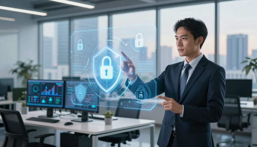 A modern and dynamic office environment showcasing data protection themes. In the foreground, a confident professional in formal business attire interacts with a transparent digital interface displaying security icons like locks, shields, and data streams, symbolizing the essence of data protection. The middle ground features a sleek desk with computer screens exhibiting graphs and data analytics, hinting at the analytical work done at the CNDP. In the background, large windows reveal a city skyline, bathed in soft daylight that creates a vibrant yet professional atmosphere. The image maintains a cool color palette, enhancing the feeling of professionalism and trust in data management. The composition captures the seriousness of data protection while exuding an innovative spirit. A modern and dynamic office environment showcasing data protection themes. In the foreground, a confident professional in formal business attire interacts with a transparent digital interface displaying security icons like locks, shields, and data streams, symbolizing the essence of data protection. The middle ground features a sleek desk with computer screens exhibiting graphs and data analytics, hinting at the analytical work done at the CNDP. In the background, large windows reveal a city skyline, bathed in soft daylight that creates a vibrant yet professional atmosphere. The image maintains a cool color palette, enhancing the feeling of professionalism and trust in data management. The composition captures the seriousness of data protection while exuding an innovative spirit.