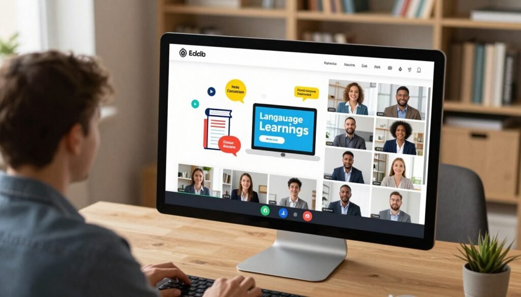 A modern and inviting language learning platform interface, showcasing a virtual classroom environment. In the foreground, a diverse group of individuals, dressed in professional business attire, engage in a video call on a sleek, high-tech computer setup. The middle layer features illustrations of language books and digital tools symbolizing learning, with playful elements like speech bubbles containing different languages. The background presents a serene study space with bookshelves filled with educational materials and soft, warm lighting flooding the scene, creating a welcoming atmosphere. The camera angle is slightly elevated, emphasizing the interaction and collaboration happening in the foreground, inviting a sense of enthusiasm for language learning. A modern and inviting language learning platform interface, showcasing a virtual classroom environment. In the foreground, a diverse group of individuals, dressed in professional business attire, engage in a video call on a sleek, high-tech computer setup. The middle layer features illustrations of language books and digital tools symbolizing learning, with playful elements like speech bubbles containing different languages. The background presents a serene study space with bookshelves filled with educational materials and soft, warm lighting flooding the scene, creating a welcoming atmosphere. The camera angle is slightly elevated, emphasizing the interaction and collaboration happening in the foreground, inviting a sense of enthusiasm for language learning.