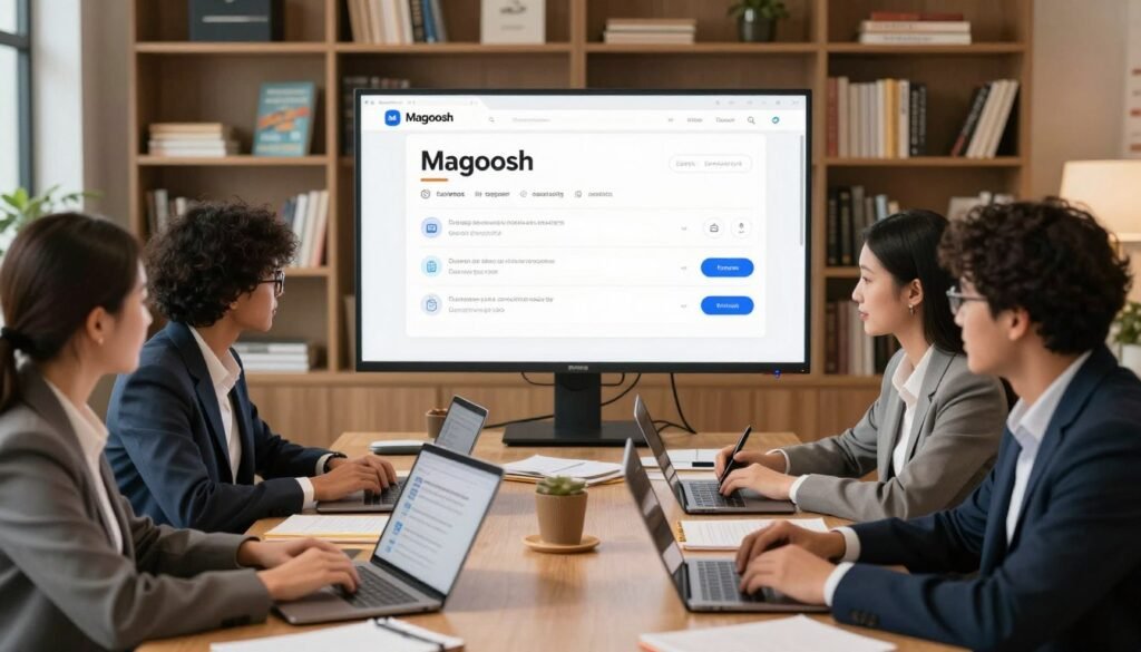 A modern and inviting study environment showcasing the strengths of the Magoosh online exam platform. In the foreground, a diverse group of professionals, dressed in smart business attire, collaborate around a table covered with laptops, study materials, and notepads. The middle layer features a large screen displaying the Magoosh interface, highlighting its user-friendly design and interactive features. In the background, bookshelves filled with educational resources and soft, warm lighting create a cozy atmosphere. The scene captures a sense of motivation and teamwork, emphasizing the effectiveness and convenience of online learning. The overall mood is uplifting and inspiring, ideal for students preparing for exams in a connected, tech-savvy environment. A modern and inviting study environment showcasing the strengths of the Magoosh online exam platform. In the foreground, a diverse group of professionals, dressed in smart business attire, collaborate around a table covered with laptops, study materials, and notepads. The middle layer features a large screen displaying the Magoosh interface, highlighting its user-friendly design and interactive features. In the background, bookshelves filled with educational resources and soft, warm lighting create a cozy atmosphere. The scene captures a sense of motivation and teamwork, emphasizing the effectiveness and convenience of online learning. The overall mood is uplifting and inspiring, ideal for students preparing for exams in a connected, tech-savvy environment.