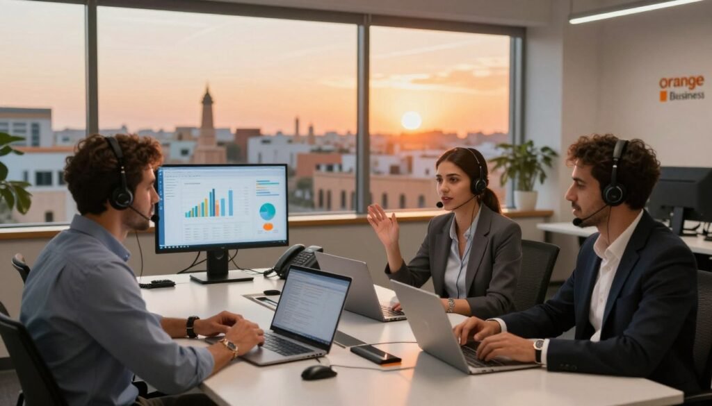 A modern and professional customer support setting for Orange Business in Morocco. In the foreground, a diverse team of three business professionals, two men and one woman, dressed in smart casual attire, engaged in a lively discussion around a sleek conference table. The middle ground features state-of-the-art communication equipment like laptops and telephones, with visual displays showing graphs and customer engagement stats. In the background, large windows reveal a vibrant Moroccan cityscape with the sun setting, casting a warm orange glow throughout the room. The atmosphere is collaborative and energetic, highlighting the importance of tailored customer support. Soft, diffused lighting illuminates the scene, evoking a sense of professionalism and approachability. The camera angle is slightly elevated, providing a clear view of the interaction and the workspace environment. A modern and professional customer support setting for Orange Business in Morocco. In the foreground, a diverse team of three business professionals, two men and one woman, dressed in smart casual attire, engaged in a lively discussion around a sleek conference table. The middle ground features state-of-the-art communication equipment like laptops and telephones, with visual displays showing graphs and customer engagement stats. In the background, large windows reveal a vibrant Moroccan cityscape with the sun setting, casting a warm orange glow throughout the room. The atmosphere is collaborative and energetic, highlighting the importance of tailored customer support. Soft, diffused lighting illuminates the scene, evoking a sense of professionalism and approachability. The camera angle is slightly elevated, providing a clear view of the interaction and the workspace environment.