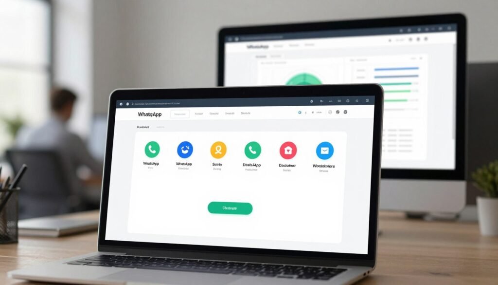 A modern and sleek WhatsApp Business dashboard interface displayed prominently in the foreground, featuring colorful icons representing various automation tools and messaging options. In the middle ground, a computer screen showing a user-friendly analytics dashboard with graphs and performance metrics. The background should include a stylish office environment, with a blurred outline of a professional workspace. Soft, natural lighting illuminates the scene to create a calm and productive atmosphere. The overall mood reflects innovation and efficiency, emphasizing the power of automation in boosting business communication. No text, captions, or logos are present, focusing solely on the dashboard design and its elements. A modern and sleek WhatsApp Business dashboard interface displayed prominently in the foreground, featuring colorful icons representing various automation tools and messaging options. In the middle ground, a computer screen showing a user-friendly analytics dashboard with graphs and performance metrics. The background should include a stylish office environment, with a blurred outline of a professional workspace. Soft, natural lighting illuminates the scene to create a calm and productive atmosphere. The overall mood reflects innovation and efficiency, emphasizing the power of automation in boosting business communication. No text, captions, or logos are present, focusing solely on the dashboard design and its elements.