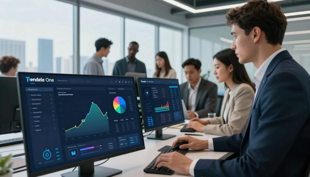 A modern and sleek digital interface showcasing the Tenable One platform for cybersecurity management, focused on AI-driven exposure management. In the foreground, display a detailed dashboard with vibrant graphs, security alerts, and data analytics with interactive elements. The middle ground features a diverse group of professionals in smart business attire, intently analyzing the data on screens, emphasizing teamwork in cybersecurity. In the background, a futuristic office environment with large windows revealing a city skyline under bright, clear skies, creating a sense of optimism and innovation. Soft, natural lighting enhances the tech-savvy ambiance. The angle should be a slightly low vantage point, capturing both the professionals and the technology, conveying a clear sense of cutting-edge security solutions. A modern and sleek digital interface showcasing the Tenable One platform for cybersecurity management, focused on AI-driven exposure management. In the foreground, display a detailed dashboard with vibrant graphs, security alerts, and data analytics with interactive elements. The middle ground features a diverse group of professionals in smart business attire, intently analyzing the data on screens, emphasizing teamwork in cybersecurity. In the background, a futuristic office environment with large windows revealing a city skyline under bright, clear skies, creating a sense of optimism and innovation. Soft, natural lighting enhances the tech-savvy ambiance. The angle should be a slightly low vantage point, capturing both the professionals and the technology, conveying a clear sense of cutting-edge security solutions.