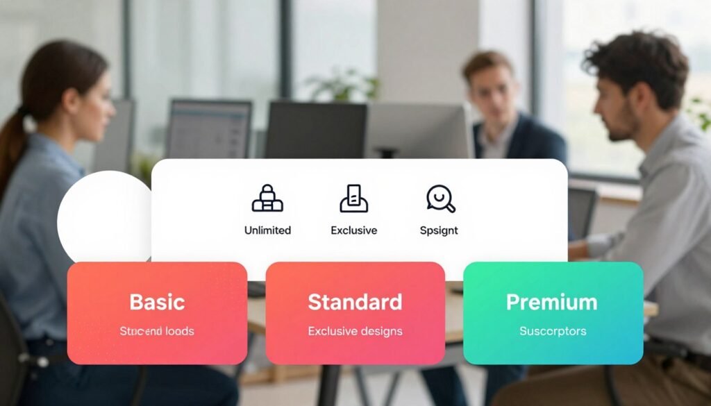 A modern and sleek digital subscription plans design layout, featuring tiered pricing models. In the foreground, showcase three distinct pricing cards with vibrant colors, each representing a different plan: basic, standard, and premium. The middle section should include illustrative icons symbolizing features like unlimited downloads, exclusive designs, and customer support. In the background, add a blurred office environment with professionals in the distance, working on computers, creating a busy and creative atmosphere. Use soft, natural lighting to enhance the professional look, and incorporate a slight depth of field effect to focus on the pricing cards. The overall mood should convey accessibility and creativity, inviting users to explore unlimited design possibilities. A modern and sleek digital subscription plans design layout, featuring tiered pricing models. In the foreground, showcase three distinct pricing cards with vibrant colors, each representing a different plan: basic, standard, and premium. The middle section should include illustrative icons symbolizing features like unlimited downloads, exclusive designs, and customer support. In the background, add a blurred office environment with professionals in the distance, working on computers, creating a busy and creative atmosphere. Use soft, natural lighting to enhance the professional look, and incorporate a slight depth of field effect to focus on the pricing cards. The overall mood should convey accessibility and creativity, inviting users to explore unlimited design possibilities.