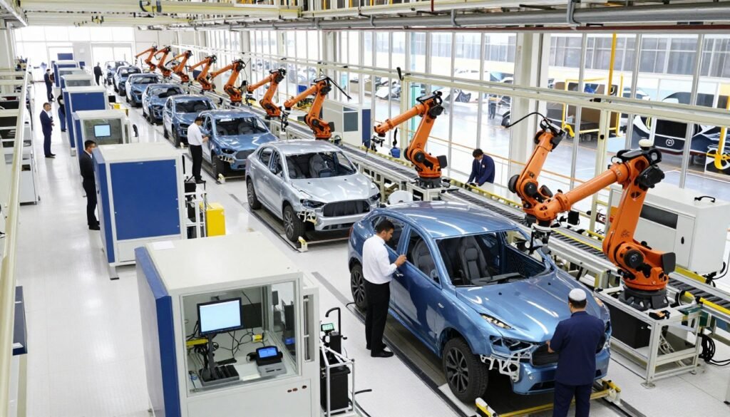 A modern automotive production and assembly ecosystem in Morocco, showcasing a high-tech factory interior. In the foreground, skilled workers in professional business attire are focused on assembling vehicles, with detailed machinery and tools visible. The middle ground features rows of partially assembled cars on a conveyor belt, with robotic armatures expertly working alongside the humans. In the background, large windows allow natural light to illuminate the workspace, creating a dynamic and productive atmosphere. The scene captures vibrant colors like metallic blues and silvers from the vehicles and machinery, with a clean, organized environment. The overall mood is collaborative and innovative, reflecting the growth of Morocco's automotive industry. Use a slightly elevated angle to capture the scale and sophistication of the ecosystem. A modern automotive production and assembly ecosystem in Morocco, showcasing a high-tech factory interior. In the foreground, skilled workers in professional business attire are focused on assembling vehicles, with detailed machinery and tools visible. The middle ground features rows of partially assembled cars on a conveyor belt, with robotic armatures expertly working alongside the humans. In the background, large windows allow natural light to illuminate the workspace, creating a dynamic and productive atmosphere. The scene captures vibrant colors like metallic blues and silvers from the vehicles and machinery, with a clean, organized environment. The overall mood is collaborative and innovative, reflecting the growth of Morocco's automotive industry. Use a slightly elevated angle to capture the scale and sophistication of the ecosystem.