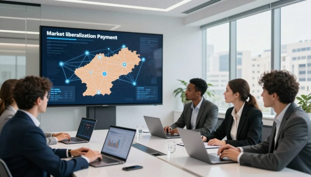 A modern banking environment depicting the concept of market liberalization in payment systems. In the foreground, a diverse group of professionals in business attire discuss financial strategies around a sleek table with laptops and digital devices displaying graphs and payment trends. The middle ground features an advanced digital screen showing a map of Morocco highlighting network connections and payment pathways. In the background, a bright, open office space with large windows exposes a bustling urban landscape, symbolizing growth and modernization. The lighting is bright and soft, creating a positive and forward-thinking atmosphere, shot from a slightly elevated angle to capture the expansive scene. A modern banking environment depicting the concept of market liberalization in payment systems. In the foreground, a diverse group of professionals in business attire discuss financial strategies around a sleek table with laptops and digital devices displaying graphs and payment trends. The middle ground features an advanced digital screen showing a map of Morocco highlighting network connections and payment pathways. In the background, a bright, open office space with large windows exposes a bustling urban landscape, symbolizing growth and modernization. The lighting is bright and soft, creating a positive and forward-thinking atmosphere, shot from a slightly elevated angle to capture the expansive scene.