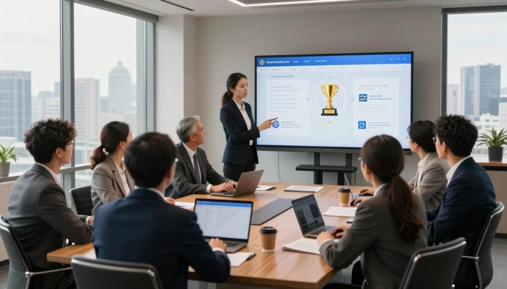 A modern business meeting taking place in a sleek conference room. In the foreground, a diverse group of professionals, men and women of various ethnicities, dressed in sharp business attire, attentively reviewing a digital presentation on a large screen, showcasing awards and industry validation logos. The middle ground features a wooden conference table with laptops, papers, and coffee cups. Soft, natural light streams through large windows, casting a warm glow on the scene. The background displays a panoramic view of a city skyline, symbolizing innovation and progress. The overall mood is one of collaboration, achievement, and forward-thinking, highlighting the importance of industry recognition in a transformative learning platform. A modern business meeting taking place in a sleek conference room. In the foreground, a diverse group of professionals, men and women of various ethnicities, dressed in sharp business attire, attentively reviewing a digital presentation on a large screen, showcasing awards and industry validation logos. The middle ground features a wooden conference table with laptops, papers, and coffee cups. Soft, natural light streams through large windows, casting a warm glow on the scene. The background displays a panoramic view of a city skyline, symbolizing innovation and progress. The overall mood is one of collaboration, achievement, and forward-thinking, highlighting the importance of industry recognition in a transformative learning platform.