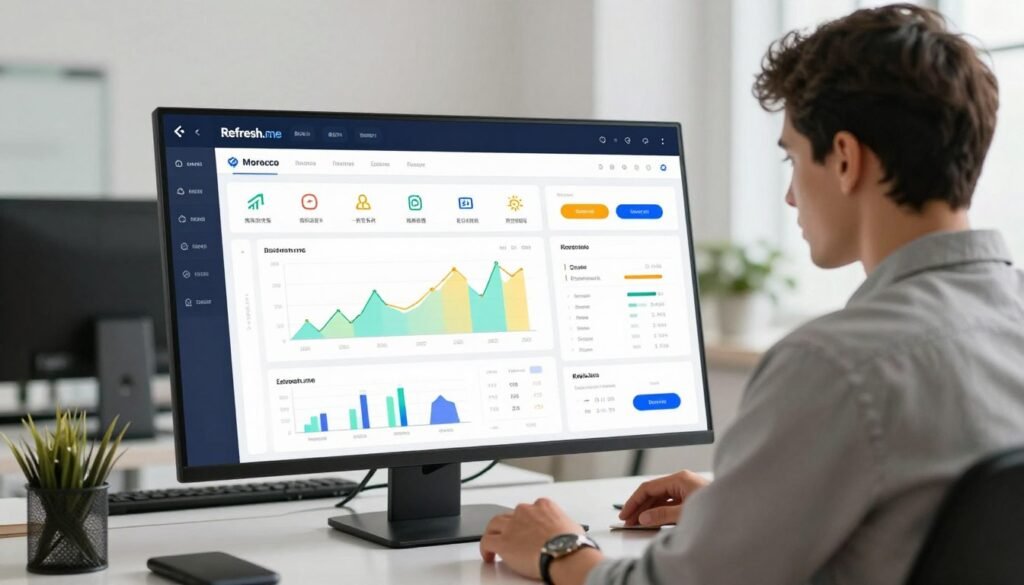 A modern, centralized financial dashboard interface showcasing personal finance management tools relevant to Morocco. In the foreground, there are sleek digital graphs and charts with vibrant colors, displaying income, expenses, and savings. The middle layer features a user-friendly navigation panel with icons representing various financial categories like budgeting, investments, and transactions. The background is a minimalistic office workspace with soft, natural lighting, creating a professional yet inviting atmosphere. A young professional in modest business attire, seated at a desk, is focused on the dashboard screen, highlighting the importance of personal finance management. The composition captures a sense of organization and clarity, emphasizing the functionalities of Refresh.me. A modern, centralized financial dashboard interface showcasing personal finance management tools relevant to Morocco. In the foreground, there are sleek digital graphs and charts with vibrant colors, displaying income, expenses, and savings. The middle layer features a user-friendly navigation panel with icons representing various financial categories like budgeting, investments, and transactions. The background is a minimalistic office workspace with soft, natural lighting, creating a professional yet inviting atmosphere. A young professional in modest business attire, seated at a desk, is focused on the dashboard screen, highlighting the importance of personal finance management. The composition captures a sense of organization and clarity, emphasizing the functionalities of Refresh.me.