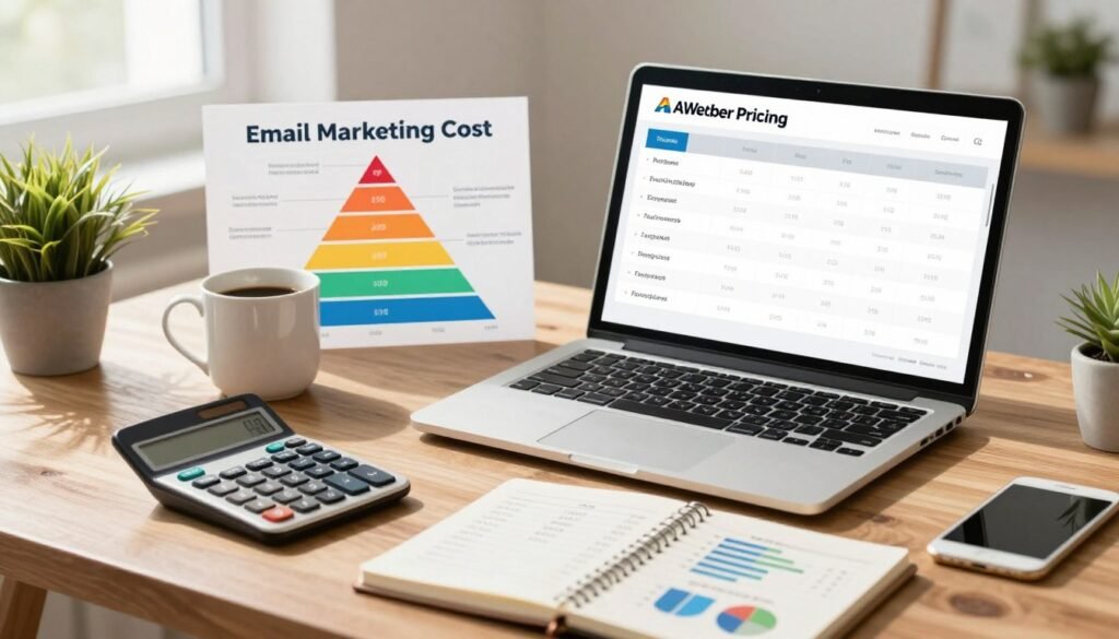 A modern, clean workspace featuring a professional setting, with an elegant wooden desk adorned with a sleek laptop displaying the AWeber pricing grid. In the foreground, a stylish calculator and a notepad filled with numbers and charts indicating logical pricing tiers. The middle ground showcases an insightful infographic related to email marketing costs, presented in vibrant colors to attract attention, while a coffee mug and a potted plant add a warm touch. The background is softly blurred to emphasize the main elements, infused with gentle morning light streaming through a nearby window, creating a fresh and optimistic atmosphere. The overall mood is professional, focused, and inspiring, ideal for illustrating the topic of pricing for email marketing services. A modern, clean workspace featuring a professional setting, with an elegant wooden desk adorned with a sleek laptop displaying the AWeber pricing grid. In the foreground, a stylish calculator and a notepad filled with numbers and charts indicating logical pricing tiers. The middle ground showcases an insightful infographic related to email marketing costs, presented in vibrant colors to attract attention, while a coffee mug and a potted plant add a warm touch. The background is softly blurred to emphasize the main elements, infused with gentle morning light streaming through a nearby window, creating a fresh and optimistic atmosphere. The overall mood is professional, focused, and inspiring, ideal for illustrating the topic of pricing for email marketing services.
